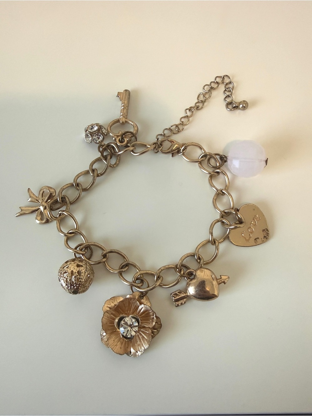 Gold-Tone Charm Bracelet with Flower, Heart and Key Charms